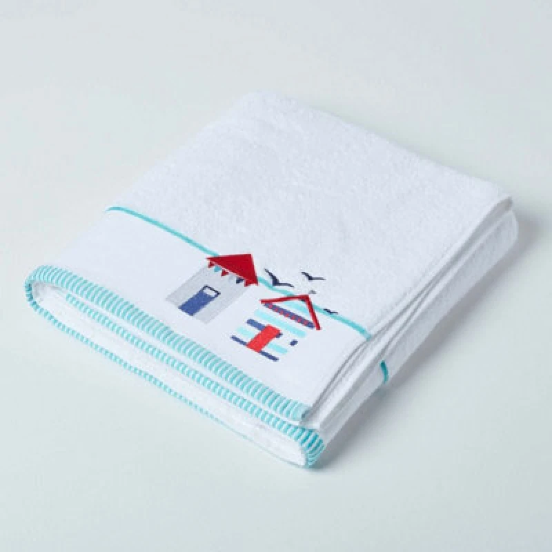 Image of Homescapes White And Blue Beach Hut Bath Sheet