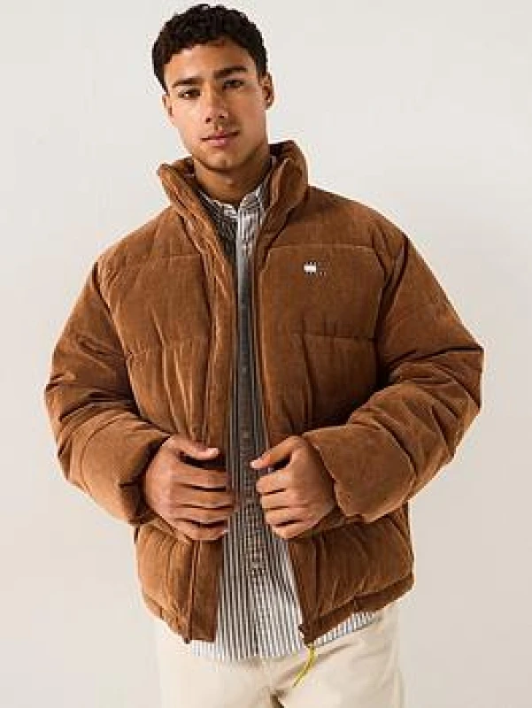 Image of Tommy Jeans Mens TJ Cord Shorts Quilted Insulated Short Puffer Jacket - Brown Male S