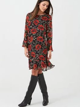 Image of Wallis Lurex Poppy Flute Sleeve Dress - Black, Size 10, Women