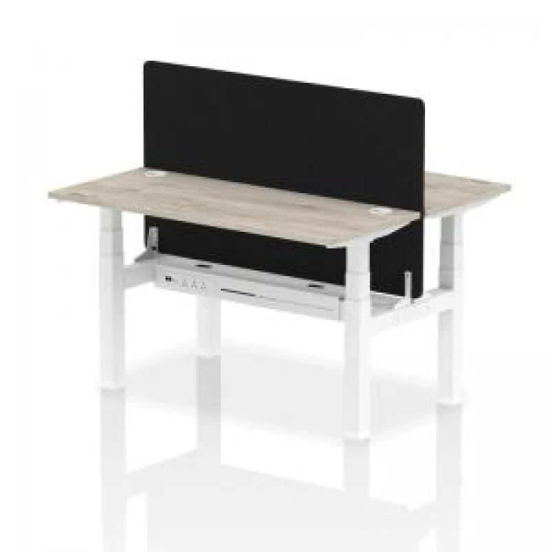 Image of Air Back - to - Back 1400 x 600mm Height Adjustable 2 Person Bench Office Desk Grey Oak Top - Cable Ports White Frame - Black Straight Screen