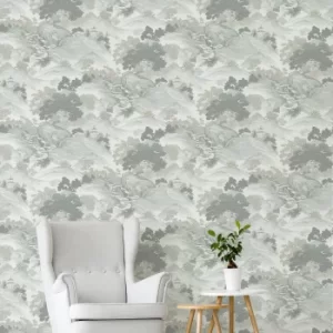 image of Oriental Landscape Eau De Nil Wallpaper Green, Grey and White