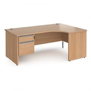 image of Dams International Right Hand Ergonomic Desk with 2 Lockable Drawers Pedestal and Beech Coloured MFC Top with Silver Panel Ends and Silver Frame Corne