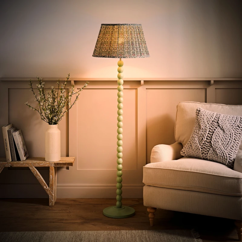 Image of ValueLights ValueLights Bobbin Bobbles Floor Lamp and Floral Pleated Taper Lamp Shade and Bulb in Pale Green Pale Green One Size Unisex 5059406069017
