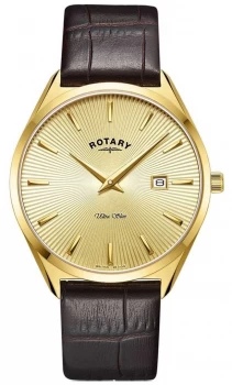 Image of Rotary Mens Ultra Slim Brown Leather Strap Gold PVD Watch