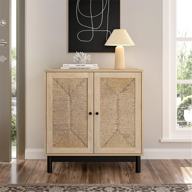 Image of Cottonfy UK Wooden Sideboard with Double Woven Doors - Brown Brown M