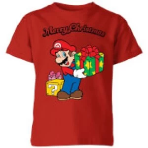 Image of Nintendo Super Mario Merry Christmas Present Kid's T-Shirt - Red - 11-12 Years