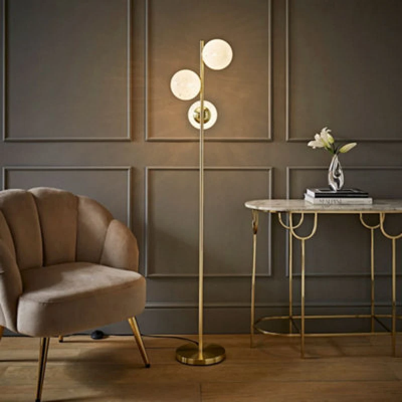 Image of ValueLights ValueLights Jas Gold Floor Lamp with 3 Way White Confetti Glass Globe Shades White One Size Unisex 5016529273424