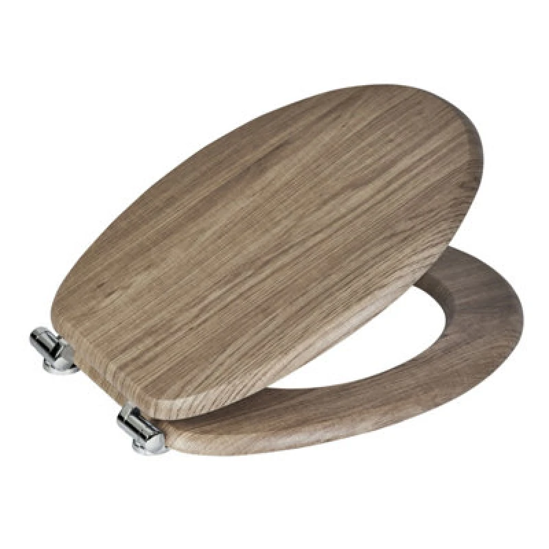 Image of Showerdrape Norfolk Soft Close Rust Oak Wooden Toilet Seat With Chrome Hinges Natural