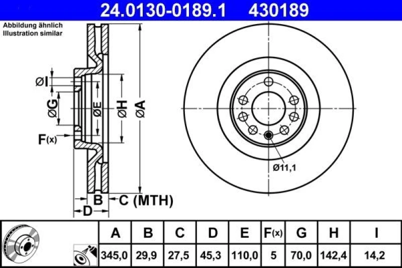 Image of ATE 24.0130-0189.1 Brake disc Vented, Coated, High-carbon Brake Disc (82)