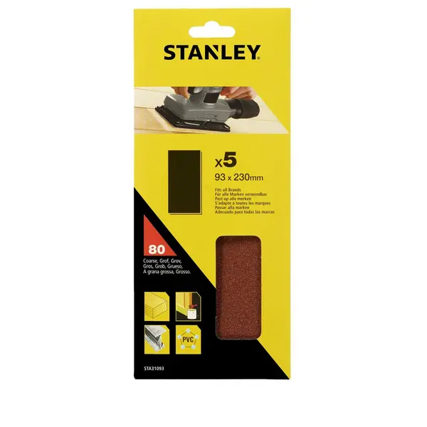 image of Stanley 1/3 Sheet Sander UNPunched Wire Clip 80G Sanding Sheets - STA31093-XJ