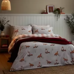 Image of Catherine Lansfield Brushed Tartan Check Fox Reversible Duvet Cover Set, Natural, Single