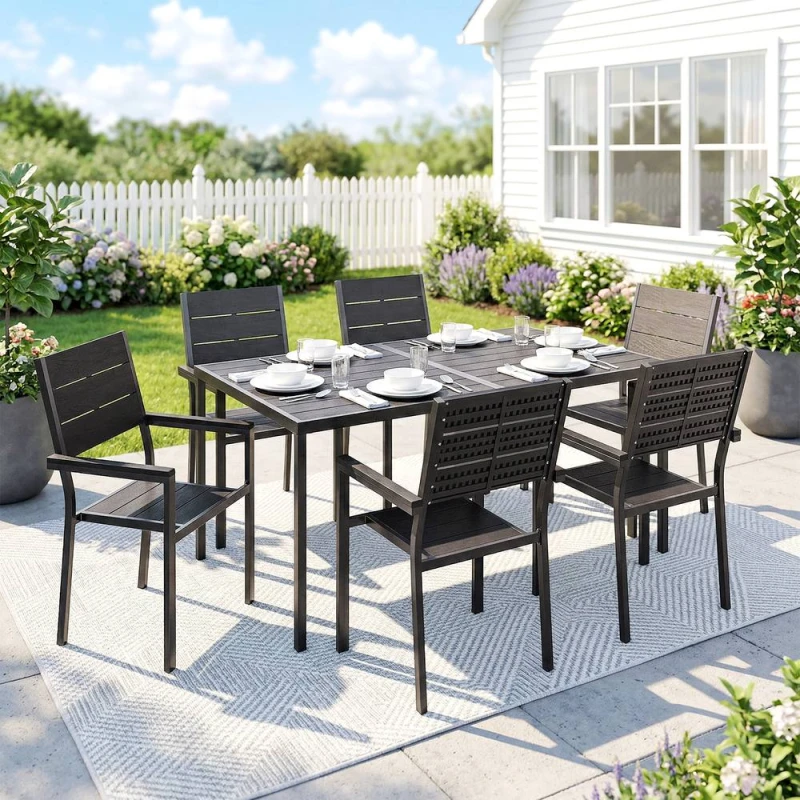 Image of OUTSUNNY 7 Pieces Outdoor Dining Set, Garden Table & Chairs Set, Black Size: 160cm x 90cm Black Unisex 160cm x 90 cm