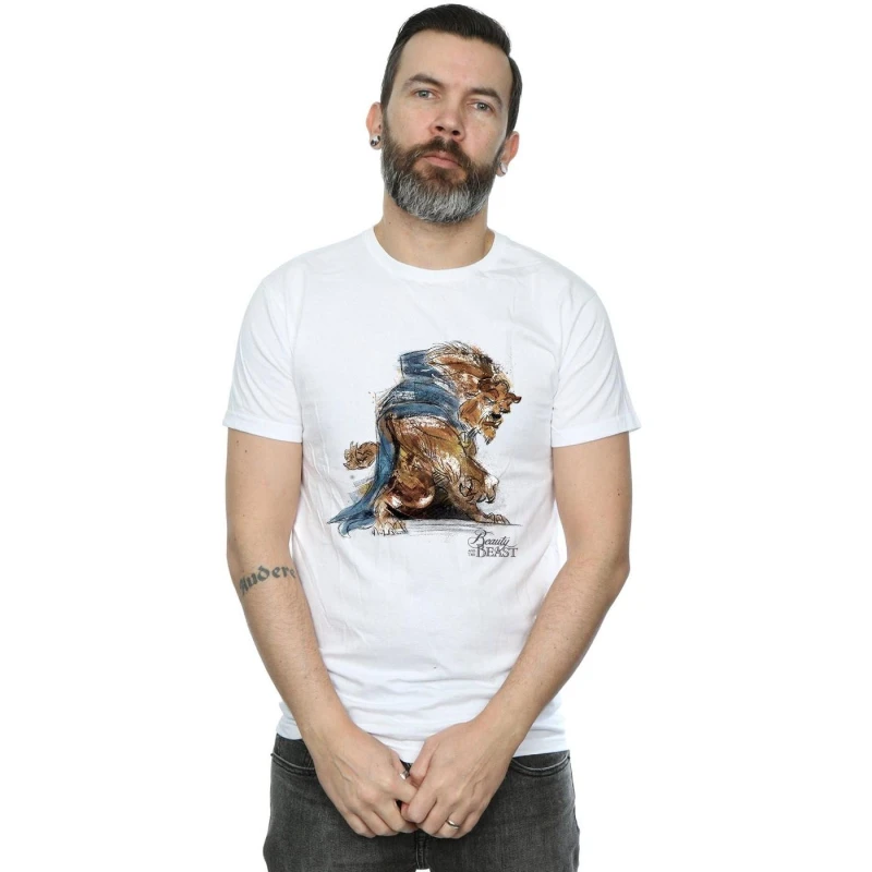 Image of Disney Men Beauty And The Beast Beast Sketch T-Shirt in White Size: Small White S Male 5057864456196