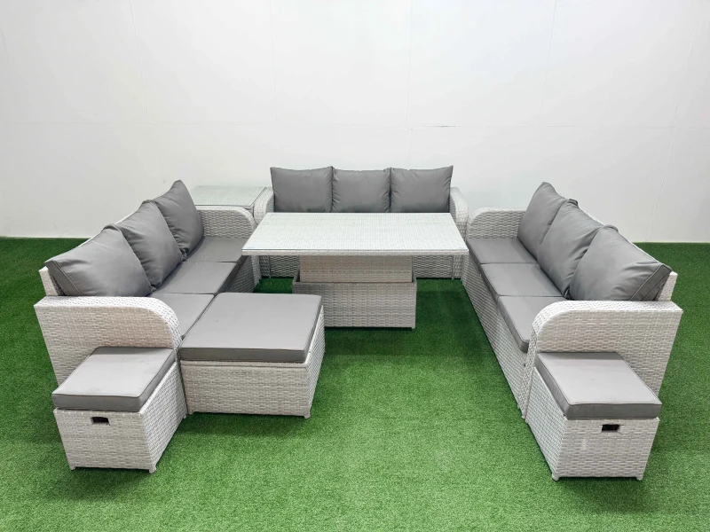 Image of Fimous PE Rattan Lounge Sofa Set 12 Seater Outdoor Garden Furniture Set with Adjustable Lifting Dining or Coffee Table 3 Seater Sofa 3 Stools Side Tab