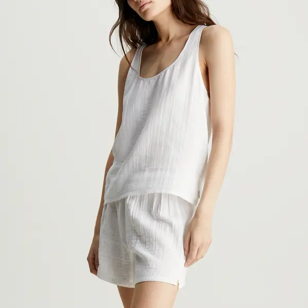 Image of Calvin Klein Textured Cotton-Gauze Sleeveless Short Set - S White Underwear and Nightwear female 000QS7152E100 S
