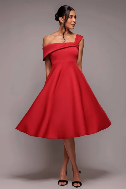 Image of Goddiva Womens One Shoulder A Line Midi Dress in Red Size: 16 Red Female 16