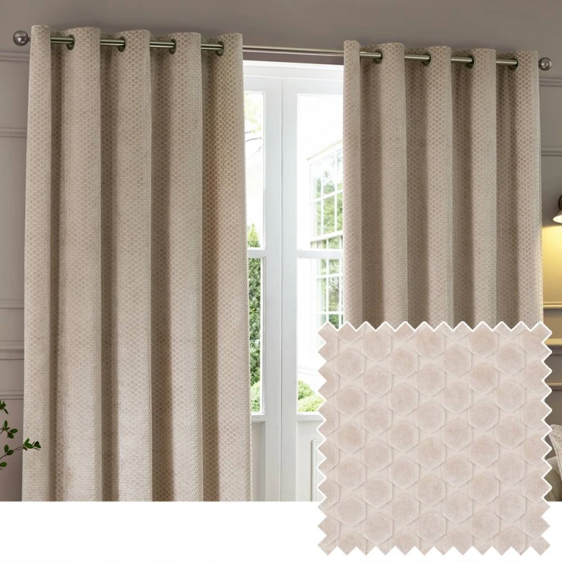 Image of Paoletti Neptune Fully Lined Velvet Eyelet Curtain Pair in Beige Size: 168cm width x 137cm drop Beige Unisex 168cm width x 137cm drop