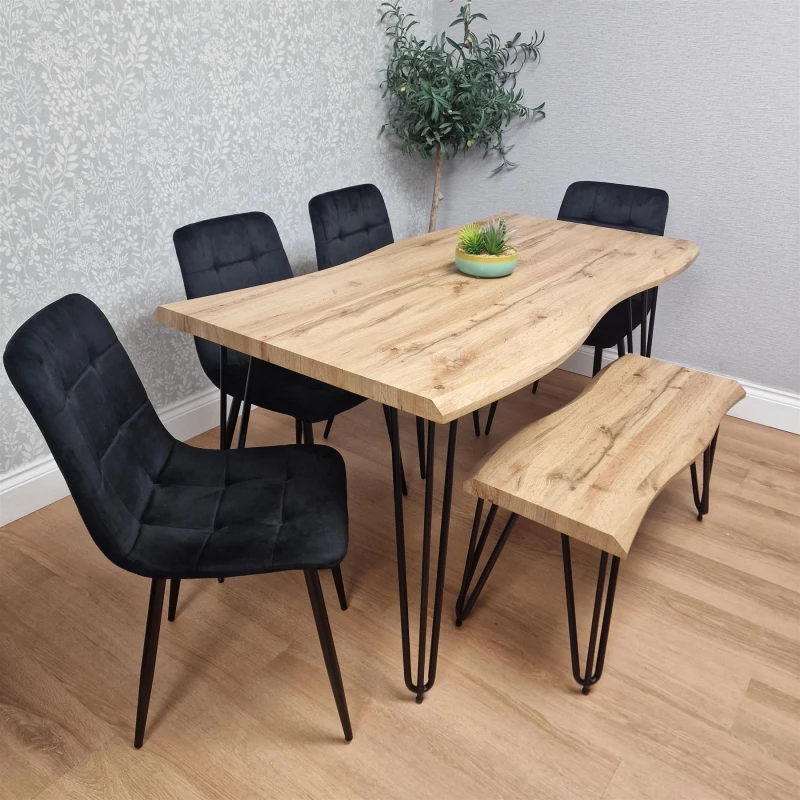 Image of Kosy Koala Dining Table With Bench And 4 Black Velvet Chairs - Stylish Dining Room Furniture, Multi ARI117+4BKRO+B