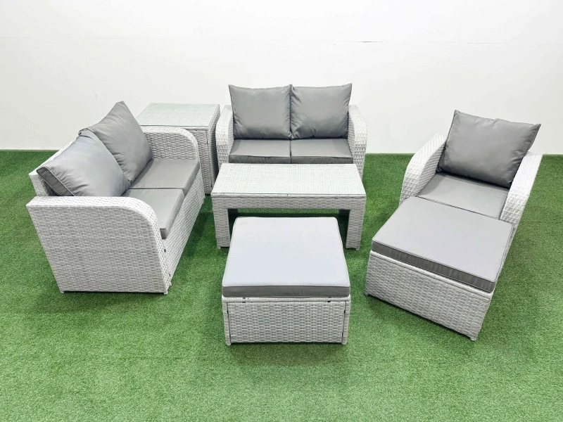 Image of Fimous High Back Poly Rattan Garden Furniture Set with Reclining Chair Loveseat Sofa Oblong Coffee Table Indoor Outdoor Patio Set 2 Big Stool Side Ta