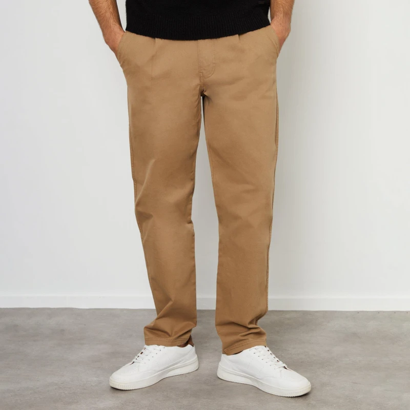 Image of Threadbare 'Fog' Cotton Straight Leg Pleated Chino Trousers With Stretch Stone