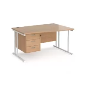 image of Office Desk Right Hand Wave Desk 1400mm With Pedestal Beech Top With White Frame Maestro 25 MC14WRP3WHB