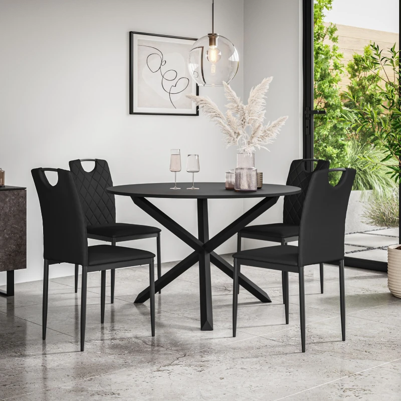 Image of More4Homes Malvern Round Dining Table And Chairs - Black Table Top W Solid Oak Black Legs + Monza Faux Leather Dining Chair Set Of 4 (Black)