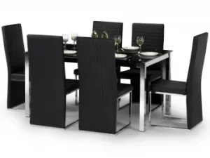 image of Julian Bowen Tempo 150cm Black Glass Dining Table and 6 Black Faux Leather Chairs Set