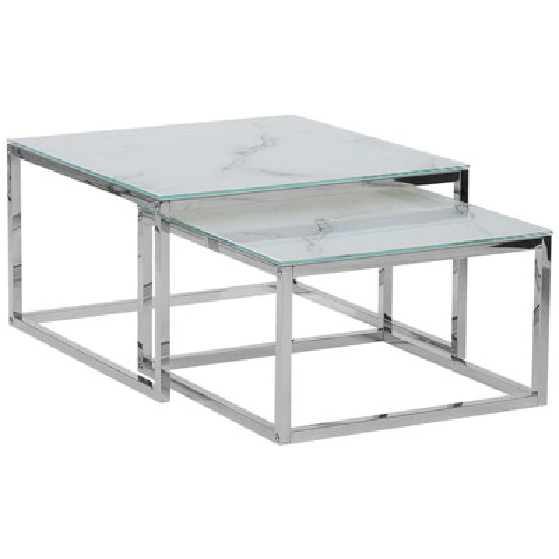 Image of Beliani Set Of 2 Coffee Tables Brea Tempered Glass White Marble
