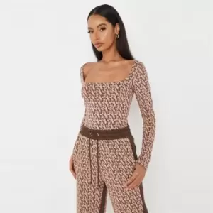 Image of Missguided Square Nck Ls Bdysuit Mngrm Co Ord - Brown