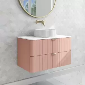 image of 800mm Pink Wall Hung Countertop Vanity Unit with Basin and Brass Handles - Empire