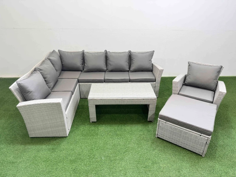 Image of Fimous Outdoor 8 Seater Corner Sofa Sets with Chair Big Stool Light Grey Light Grey Unisex