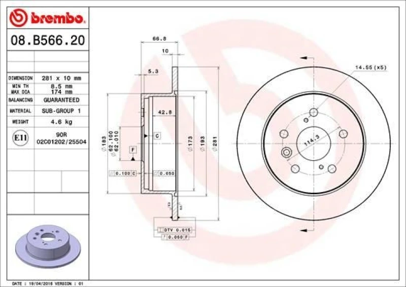 Image of BREMBO Brake disc BREMBO 08.B566.21