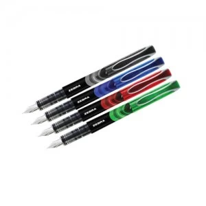 Zebra Fountain Pen Assorted Black Blue Red Green Pack 4