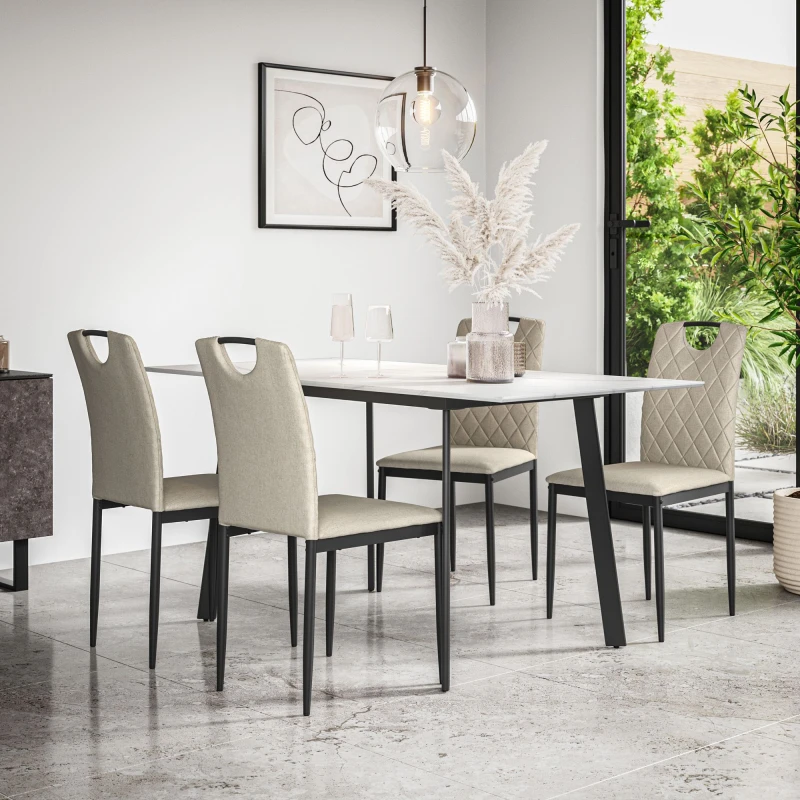 Image of More4Homes Haydon Extending Dining Table + Chairs- White Marble Effect Table Top W Black Legs + Monza Linen Dining Chair Set Of 6 (Beige)
