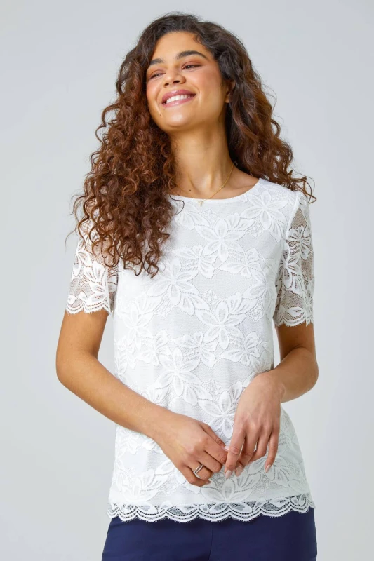 Image of Roman Womens Floral Stretch Lace Top in Ivory Size: 16 Ivory Female 16