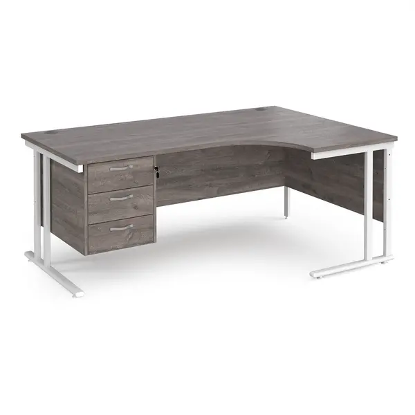 Image of Maestro 25 right hand ergonomic desk 1800mm wide with 3 drawer pedestal - white cantilever leg frame, grey oak top