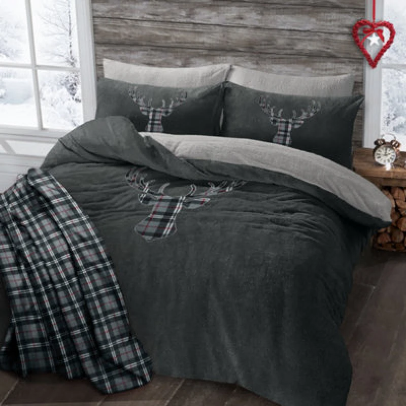 Image of Velosso Teddy Fleece Duvet Cover & Pillowcase Set - Cosy Style Bedding Set, Breathable Fabric, Machine Washable For Easy Care - Charcoal