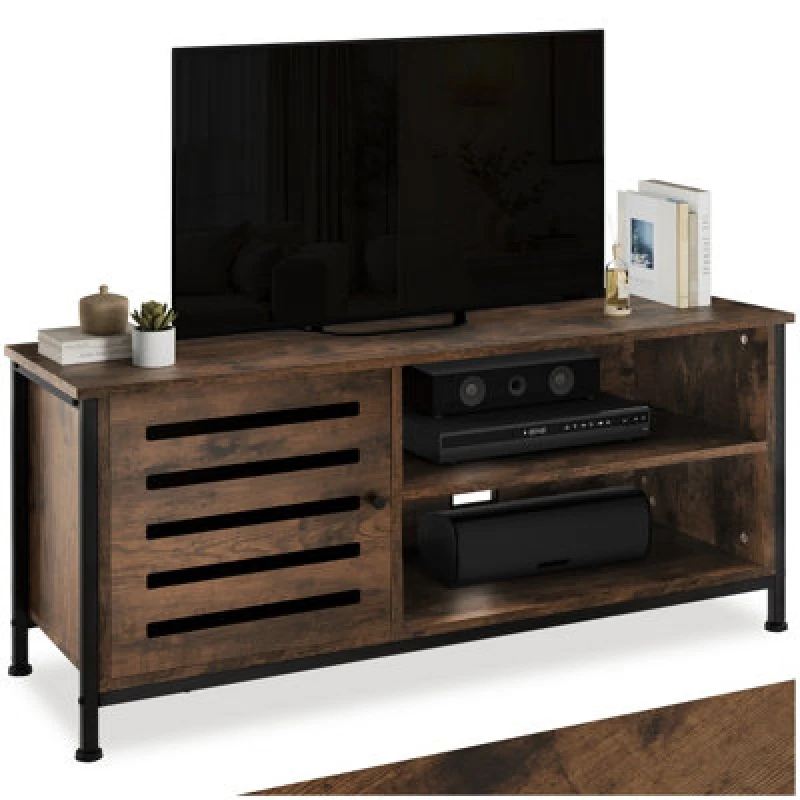 Image of Tectake TV Stand - Lowboard Cabinet, 2 Shelves, Storage Compartment With Door, 2 Cable Cutouts 110 Cm - Industrial Wood Dark, Rustic