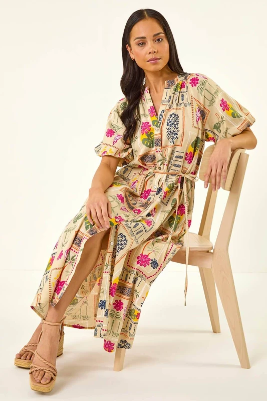 Image of Roman Womens Petite Postcard Tie Waist Midi Dress in Stone Size: 18 Stone Female 18