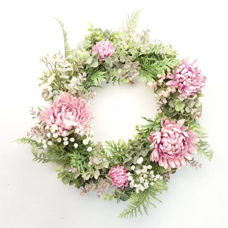 Image of Leaf 45cm Artificial Pink Floral Blossom Wreath Green unisex