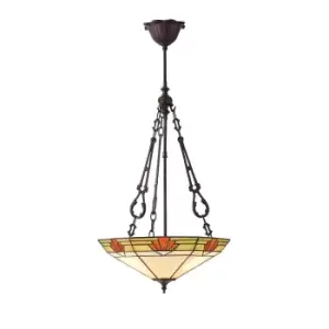 image of Nevada 3 Light Large Inverted Ceiling Pendant Dark Bronze, Tiffany glass, E27