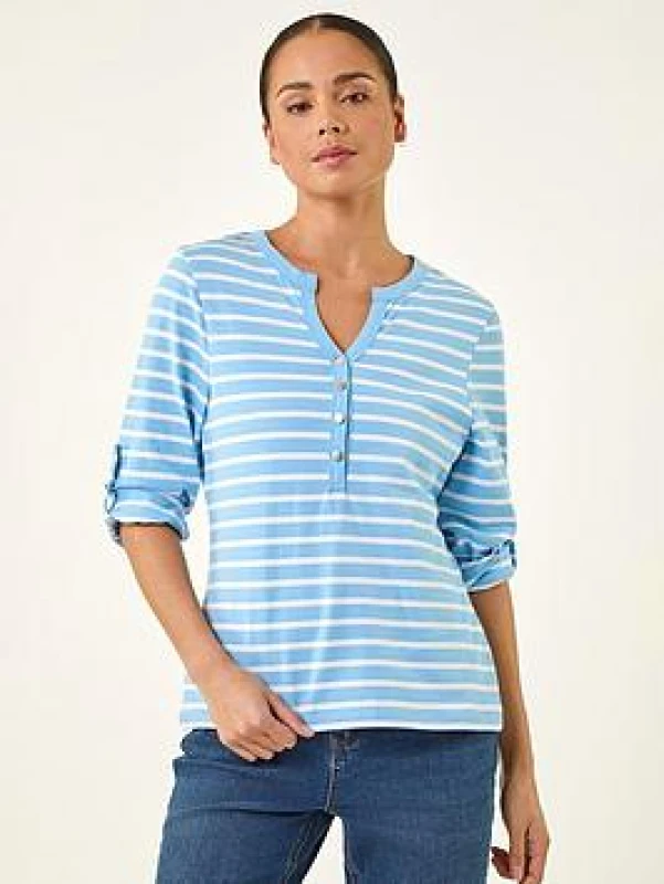 Image of Roman Womens Petite Stripe V-Neck Button Top in Blue Size: 18 Blue Female 18