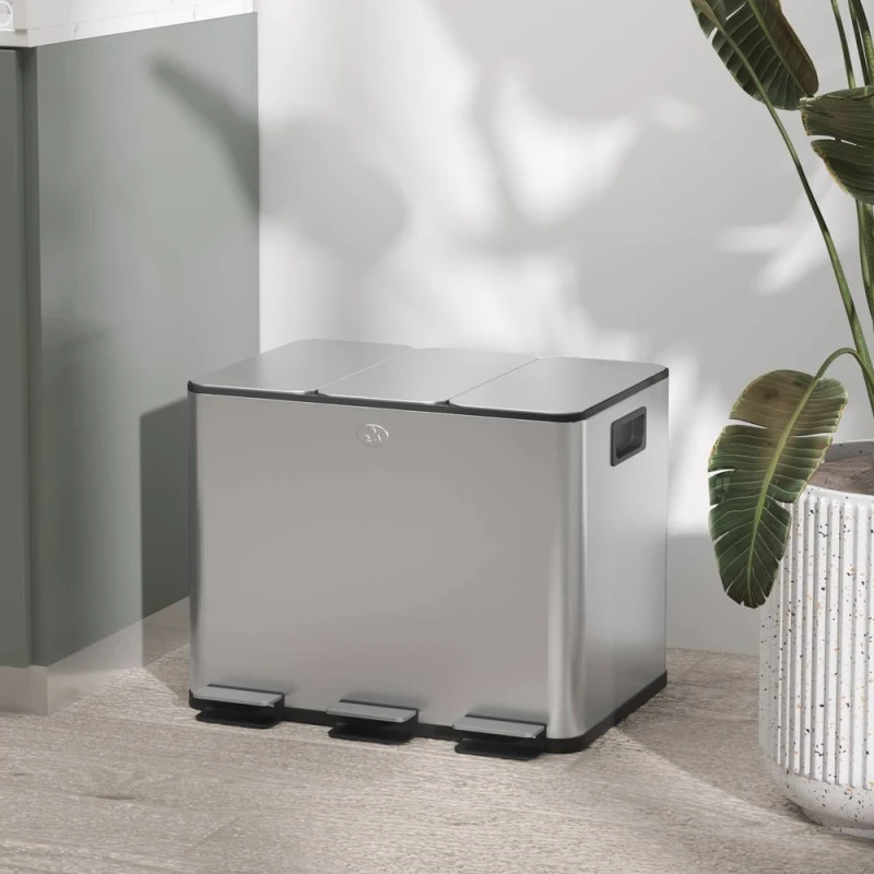 Image of HOMCOM 3 x 20L Triple Kitchen Bin Pedal Bin for Recycling & Waste in Silver Silver Unisex