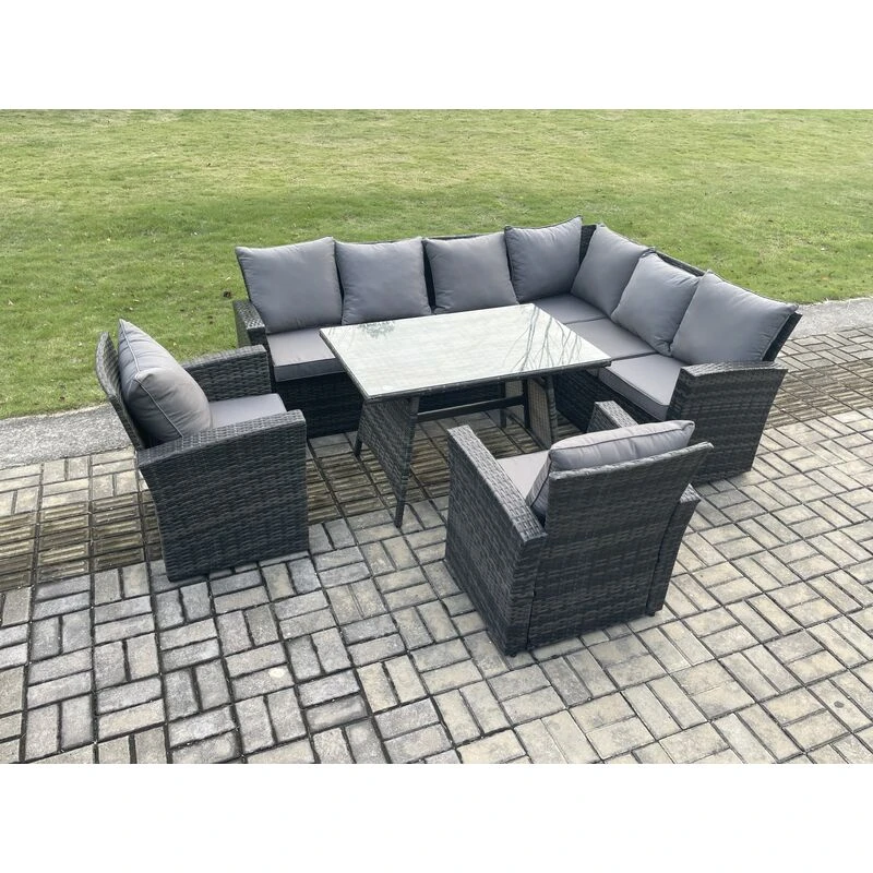 Image of Fimous High Back Outdoor Garden Furniture Set Rattan Corner Sofa Dining Table Set With 2 Armchair 8 Seater in Dark Grey Dark Grey Unisex