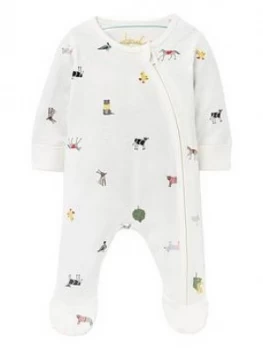 image of Joules Baby Unisex Farm Print Zip Babygrow - White, Size Age: 6-9 Months