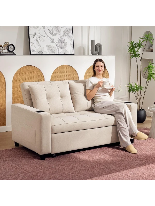 Image of HOMCOM 2 Seater Pull Out Sofa Bed with Pockets for Living Room Beige, White 83B-048V70BG