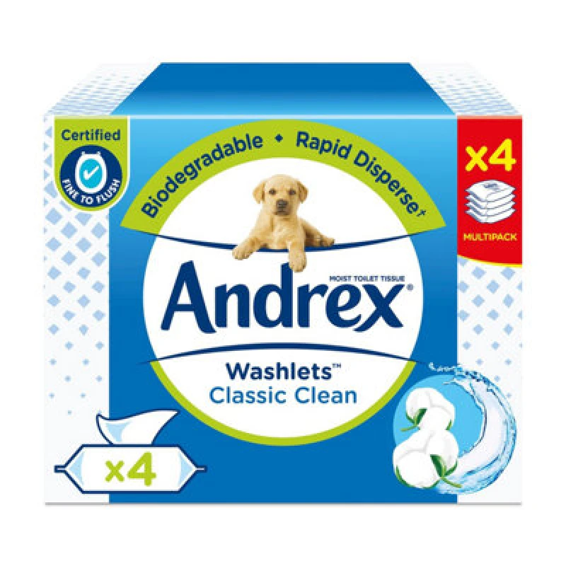 Image of Andrex Washlets Flushable 'Toilet Wipes' Classic Clean Biodegradable White