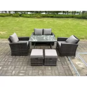 Image of Fimous 4 Seater Outdoor Dark Grey Rattan Lounge Complete Sofa Set with Regular Dining Table and 2 Stools