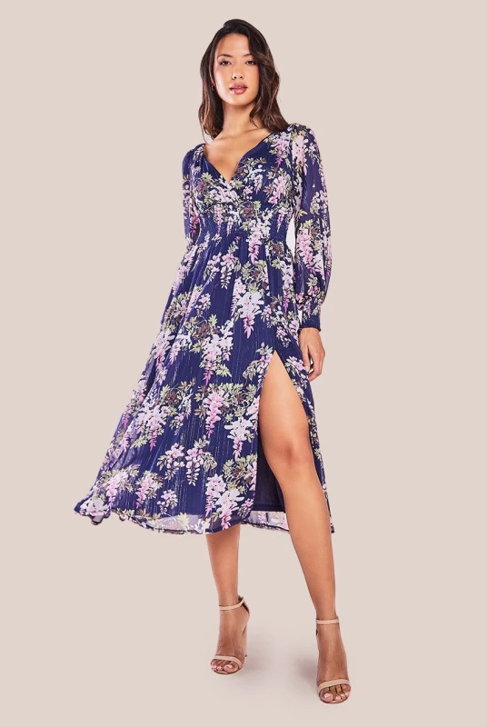 Image of Goddiva Womens Printed Lurex Chiffon Long Sleeve Midi Dress in Navy Size: 8 Navy Female 8