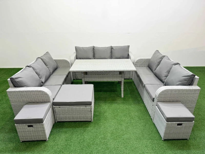 Image of Fimous PE Rattan Lounge Sofa Set 12 Seater Outdoor Garden Furniture Set with Rectangular Dining Table 3 Seater Sofa 3 Stools Light Grey Light Grey